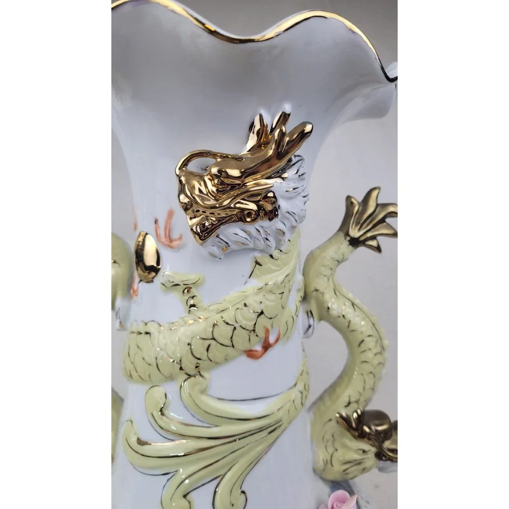 Vintage Large Porcelain Dragon Handle Reticulated Floral Vase Gold‎ Gilt 17 Inch